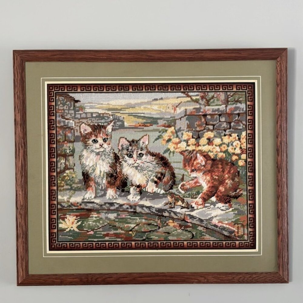 Vintage Cat Framed Cross Stitch Picture 27” x 23”